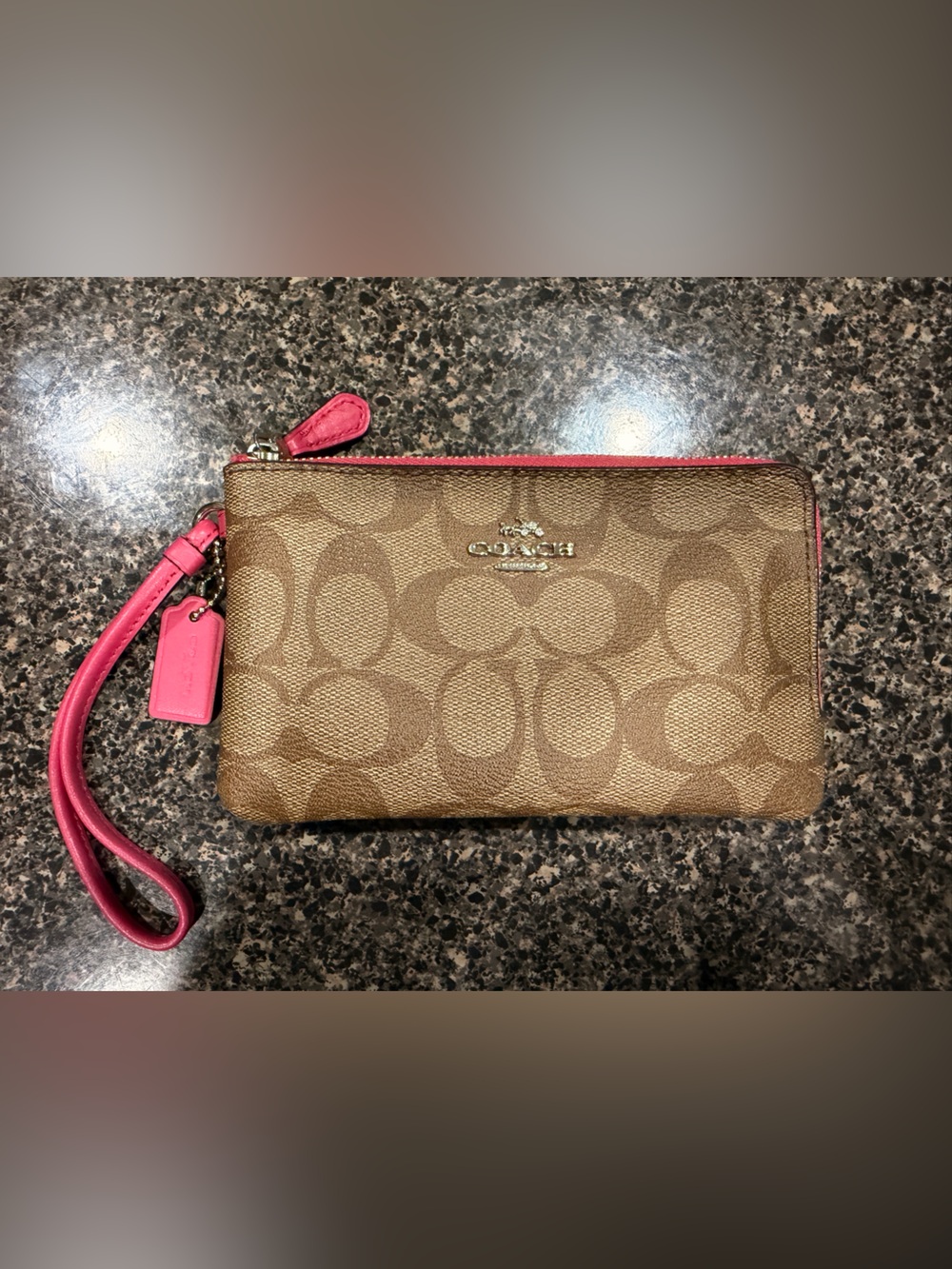 Brand New Coach Brown Signature Canvas Wristlet with Pink Trim and Interior